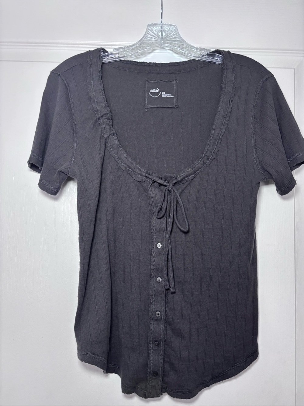 aerie Charcoal Ruffle Scoop Neck Button-Front Top